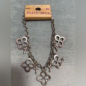 Faith Gear Charm Bracelet Flower & Cross Dangle Charms Silver Tone Adjustable